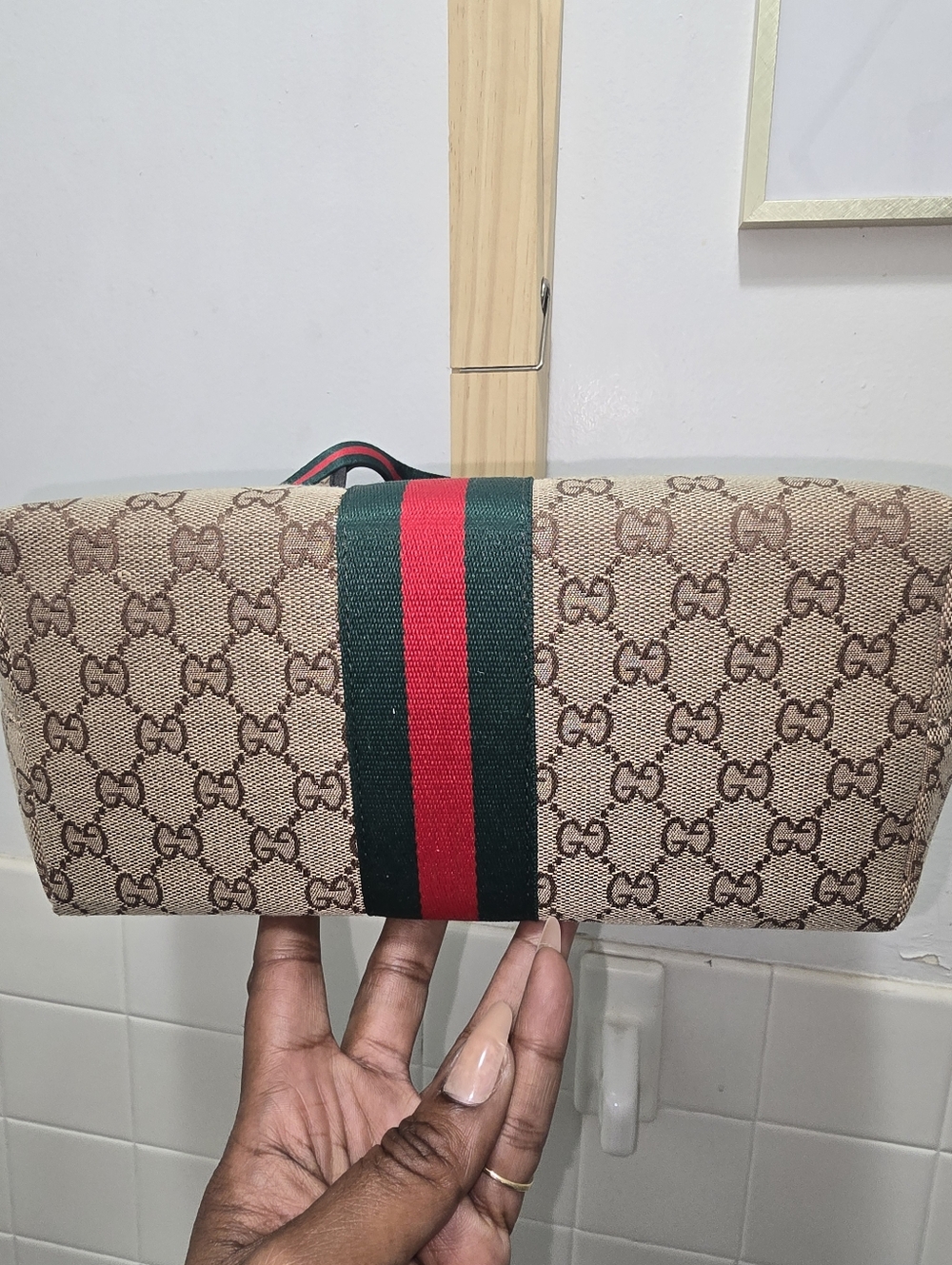 Canvas Cotton Supreme GIG Small Tote w/ Green/Red Stripe Brown LeatherTrim/strap - Picture 4 of 16